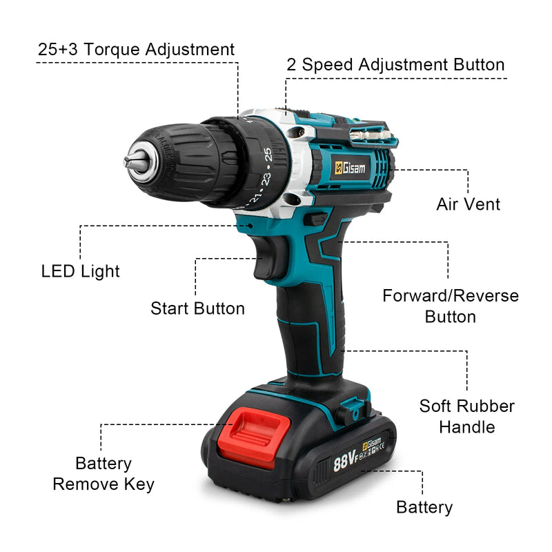 Gisam Cordless Impact Drill Electric Screwdriver Rechargeable Handheld Hammer Drill Power Tool 25+3 Torque Driver Li-ion Battery
